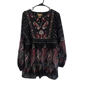 Art and Soul Black Paisley Embroidered Tunic Top Blouse Women's Size Medium